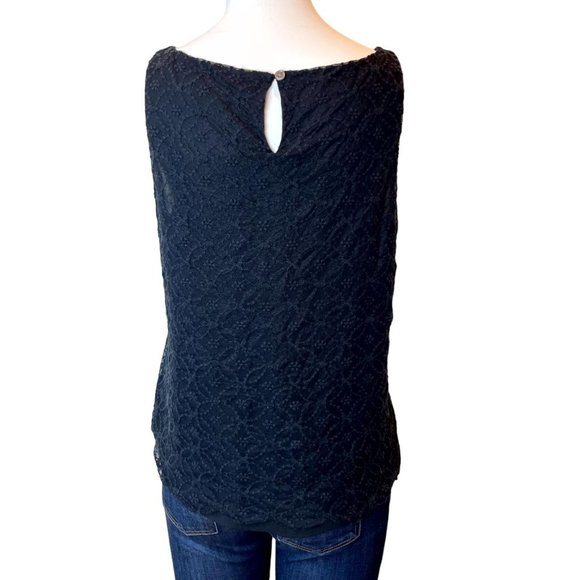 Ann Taylor LOFT Women Lace Blouse Tank Top Embroidered Scalloped Hem Black SZ S - Picture 2 of 6